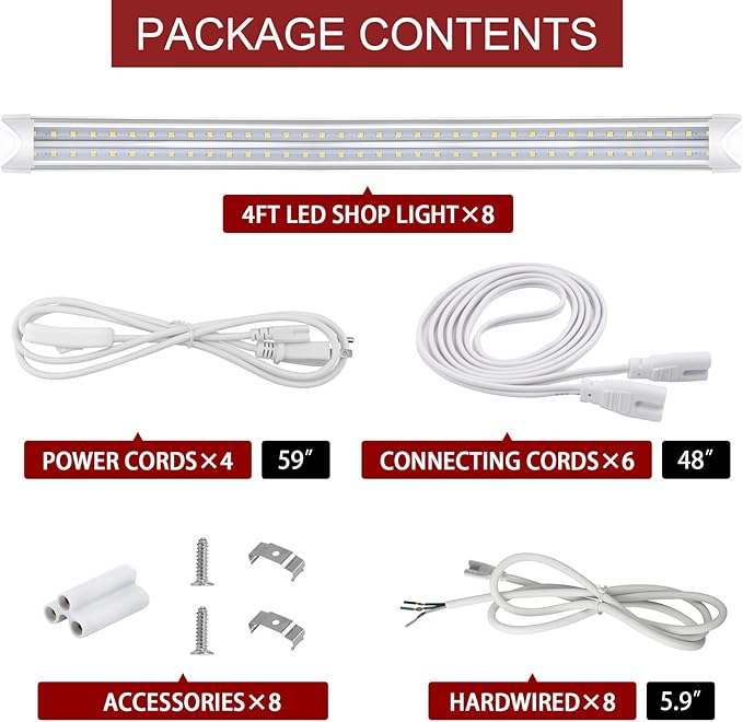 8 Pack T8 led Shop Lights 4ft, 40W 5200LM 5000K Shop Light, Linkable LED Shop Lights for Garage, Workshop, Warehouse, Basement, Clear Cover