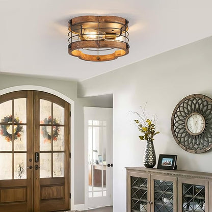 Farmhouse Flush Mount Ceiling Light, 12.2 Inch 3-Light Metal and Wood Close to Ceiling Light Fixture, Rustic Drum Semi Ceiling Light for Kitchen, Dining Room, Living Room, Hallway, Entryway