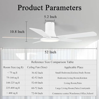 SNJ 52 Inch White Ceiling Fans with Lights and Remote,Flush Mount Low Profile 5 Blades Ceiling Fan,Dimmable Quiet Reversible DC Motor for,Living Room,Bedroom and Patio