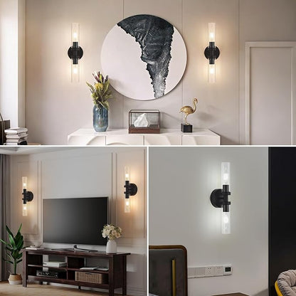 Battery Operated Wall Sconces Set of 2, 330° Rotation 3000K-6000K Dimmable Wireless Wall Sconce with Clear Glass Black 10400mAh USB Rechargeable Wall Lights with Remote Bulbs Included 2 Pack