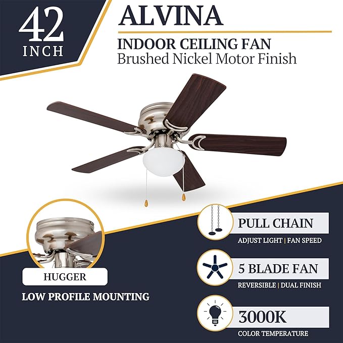 Prominence Home Alvina 42 Inch Traditional Flush Mount Ceiling Fan with Light, Pull Chain, Dual Finish Blades, Reversible Motor, Brushed Nickel