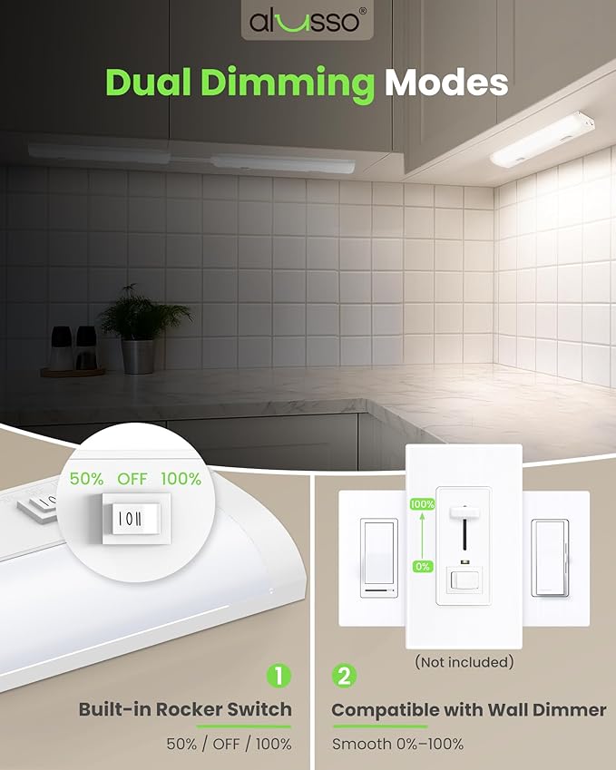ALUSSO 12 Inch LED Under Cabinet Lighting Hardwired 120V, 5CCT Color Selectable 2700K-5000K Dimmable 6W 480LM High Brightness, CRI 90+ Strip Linkable Under Counter Lights for Kitchen Sink, 2 Pack