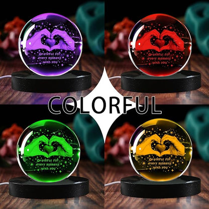 3D Heart Hand Crystal Ball Grateful Gifts for Women Mom Wife, Engraved Heart Hands 2.36" Glass Sphere Night Light for Mothers Day Gift Boyfriend Girlfriend Anniversary