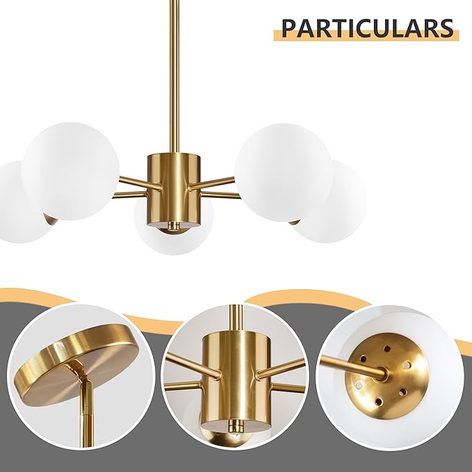 Bagood 5-Light Globe Sputnik Chandelier Mid Century Sputnik Chandeliers Modern Gold Globe Pendant Light Brushed Brass Finished with White Frosted Glass Lampshade for Dining Room Bedroom Kitchen