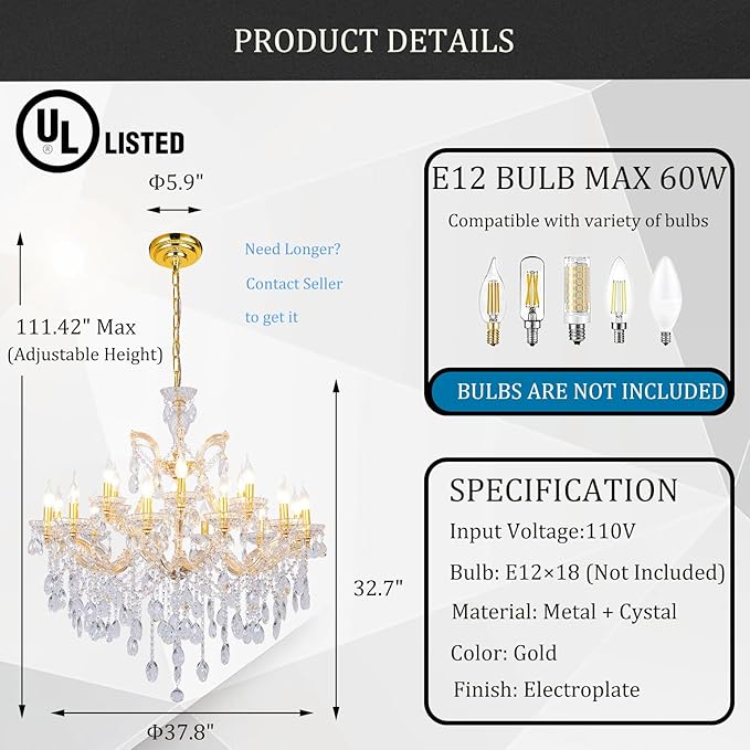 Modern Large Gold Chandelier Light Fixtures, 18 Lights 2 Layers Luxury Maria Theresa Crystal Chandeliers for Dining Room, High Ceiling, Living Room, Foyer, Staircase, Lobby