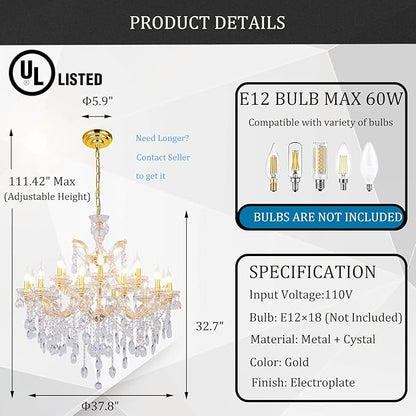 Modern Large Gold Chandelier Light Fixtures, 18 Lights 2 Layers Luxury Maria Theresa Crystal Chandeliers for Dining Room, High Ceiling, Living Room, Foyer, Staircase, Lobby