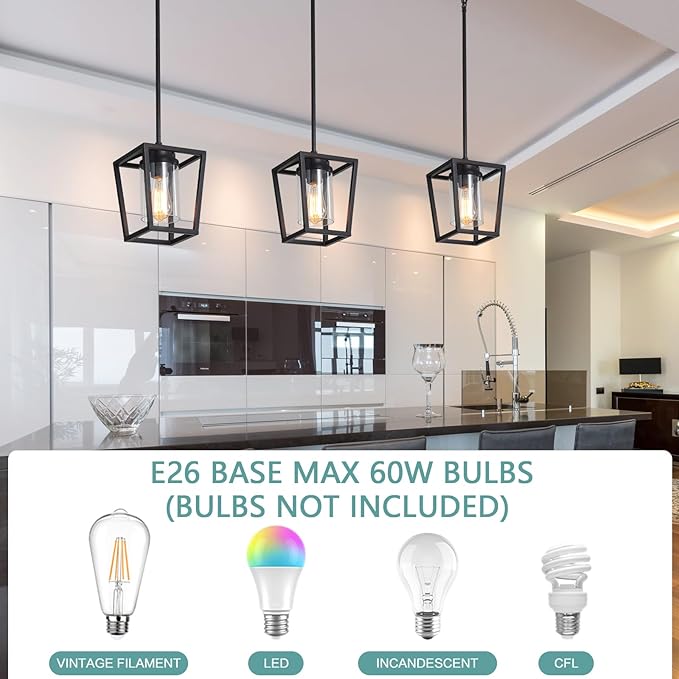 SGLfarmty 1-Light Black Pendant Lights Kitchen Island, Modern Farmhouse Cage Metal Adjustable Lantern Hanging Light Fixture with Glass Shade for Dining Room Entryway Hallway