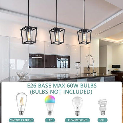 SGLfarmty 1-Light Black Pendant Lights Kitchen Island, Modern Farmhouse Cage Metal Adjustable Lantern Hanging Light Fixture with Glass Shade for Dining Room Entryway Hallway