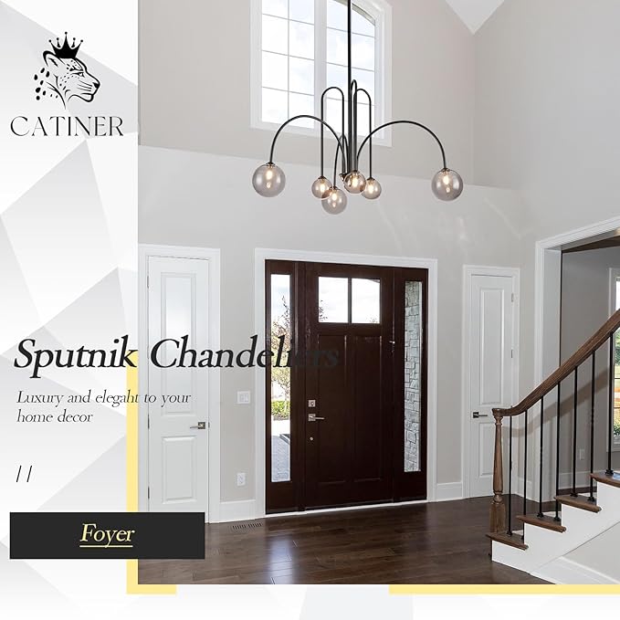 CATINER Black Chandelier Modern 6 Lights Sputnik Chandelier Large L40” Mid Century Ceiling Pendant Light Fixtures with Smoke Glass Globe Shades for Living Dining Room Foyer Bedroom