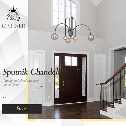 CATINER Black Chandelier Modern 6 Lights Sputnik Chandelier Large L40” Mid Century Ceiling Pendant Light Fixtures with Smoke Glass Globe Shades for Living Dining Room Foyer Bedroom