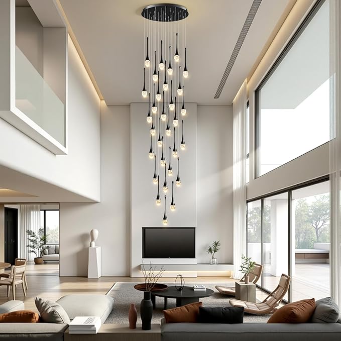 Raindrop Crystal Chandelier High Ceiling: 30 Lights Black Dimmable LED With Remote Control - Large Long Modern Bubble Hanging Teardrop Spiral Chandeliers for Living Room Staircase Entryway Foyer