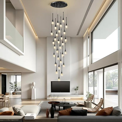 Raindrop Crystal Chandelier High Ceiling: 30 Lights Black Dimmable LED With Remote Control - Large Long Modern Bubble Hanging Teardrop Spiral Chandeliers for Living Room Staircase Entryway Foyer