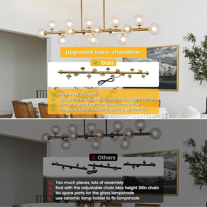 Gold Linear Rectangle Chandelier Modern Chandelier Glass Pendant Light Fixture Adjustable for Dining Living Room Kitchen Island 16-Light