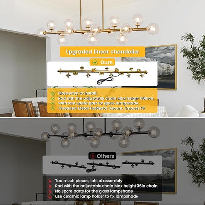 Gold Linear Rectangle Chandelier Modern Chandelier Glass Pendant Light Fixture Adjustable for Dining Living Room Kitchen Island 16-Light