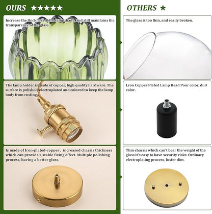 Shenmoyl Pendant Light with Green Tulip Glass Lmapshade, Brass Vintage Pendant Light Adjustable Hanging Light for Kitchen Island Dining Room Hallway