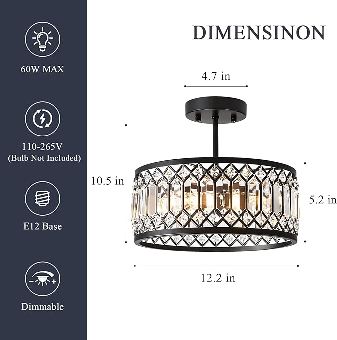 Pevfah Crystal Black Ceiling Light, Modern Semi Flush Mount Ceiling Lighting Fixture, Round Hallway Lighting Fixtures Chandelier for Kitchen Entryway Bedroom Dining Room, 3-Light, 12.2 Inch