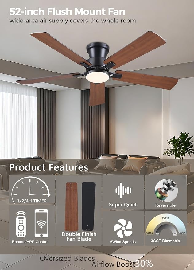 JSAITEE 52Inch Ceiling Fan with Lights and Remotes, Modern Smart Flush Mount Ceiling Fans,DC Reversible Motor, 3CCT Dimmable,Noiseless,Dual Finish, Brown 6 Speeds Ceiling Fan for Indoor/Outdoor
