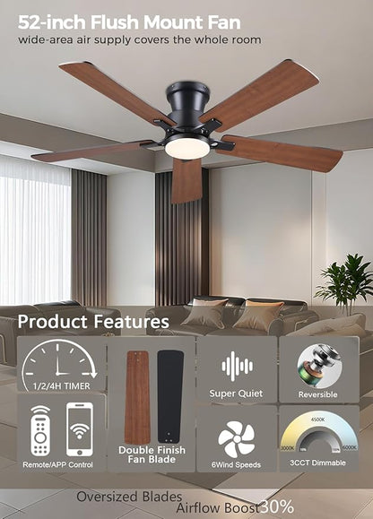 JSAITEE 52Inch Ceiling Fan with Lights and Remotes, Modern Smart Flush Mount Ceiling Fans,DC Reversible Motor, 3CCT Dimmable,Noiseless,Dual Finish, Brown 6 Speeds Ceiling Fan for Indoor/Outdoor