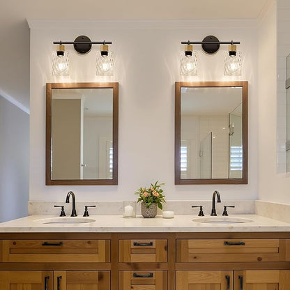 MOKATNG Bathroom Light Fixtures, 2-Light Coastal Vanity Lights with Crystal Glass Shade, Brown and Gold Bathroom Wall Lamp for Mirror Kitchen Hallway Cabinet