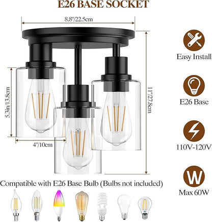 ROTTOGOON Semi Flush Mount Ceiling Light, Close to Ceiling Lights Fixtures, 3 Light Kitchen Ceiling Lights Fixtures with Glass Shades, Hallway Light Fixtures Ceiling Mount for Foyer, 9.9" x 13", Black