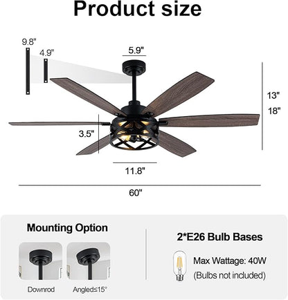 Farmhouse Ceiling Fan with Lights and Remote Large Rustic Ceiling Fan Caged Fandelier Industrial Chandelier Light, Reversible Quiet DC Motor 6 Speed for Indoor Outdoor (Farmhouse, 60 Inch)