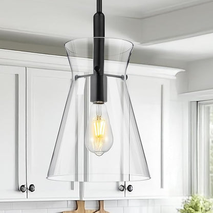 Emak 9 Inch Black Pendant Light, 2 Pack Large Pendant Lights Kitchen Island with Clear Glass Shade, Modern Farmhouse Hanging Light Fixture for Kitchen, Dining Room, Bathroom, PL130-BK-CG-2PK