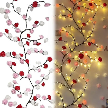 Rose LED Tree Branch Lights for Wall,Rose Blossom Willow Vine Branch Room Decor Gift,Flexible DIY Design,with 48 LED Lights and Remote,8 Lighting Modes,for Bedroom and Wall Decor (47inch)