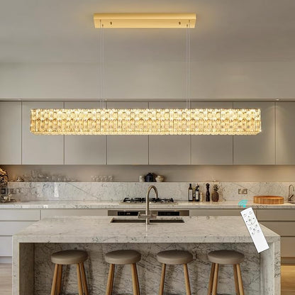 Rectangular Crystal Chandelier Glam Dimmable LED Crystal Chandeliers for Dining Room Linear Pendant Light with Remote Control for Kitchen Island Gold