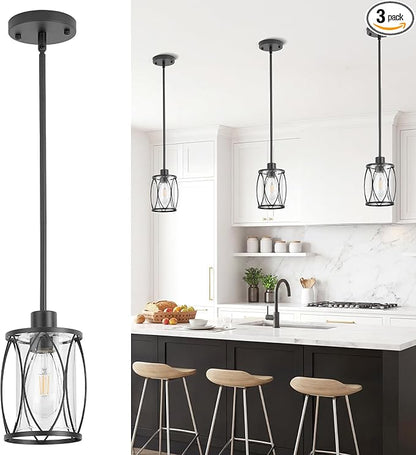 Glass Pendant Lights Kitchen Island Black Pendant Light Fixtures Adjustable Farmhouse Mini Hanging Light with Clear Glass for Sink Dining Room Foyer Entryway Bar, 3 Pack
