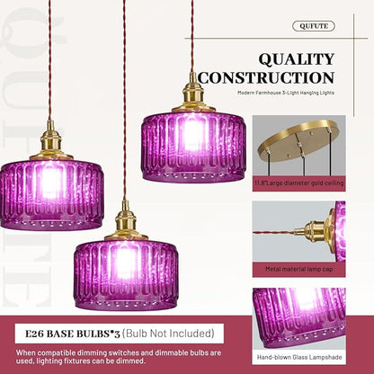 3-Light Glass Globe Chandelier Kitchen Island Mid Century Modern Ceiling Pendant Light Purple Striped Shade Gold Hanging Lights Fixture Multi Light Cluster Chandeliers Dining Room