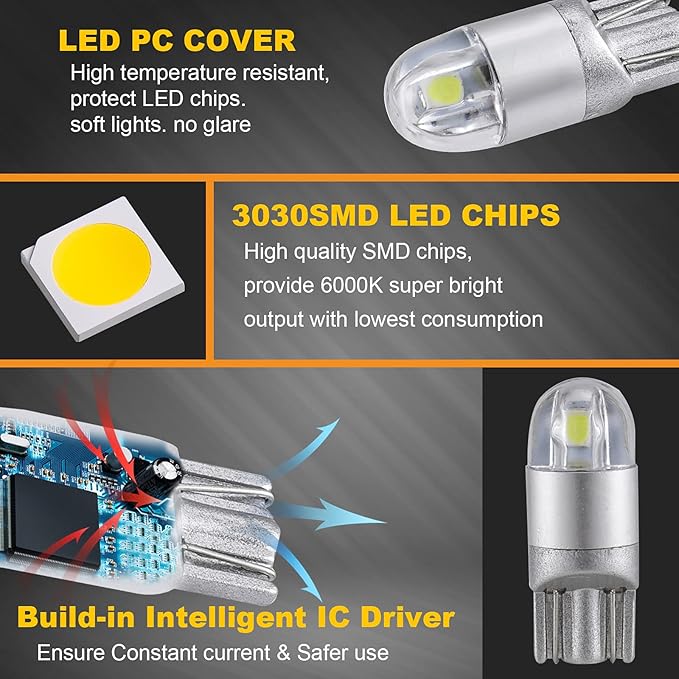 Auxbeam 194 LED Bulbs White, Super Bright 168 T10 W5W 2825 Light Bulbs 6000K 3030 Chips Replacement Bulb for License Plate Lights, Dome Map Light, Courtesy Light Bulbs 10 Pack