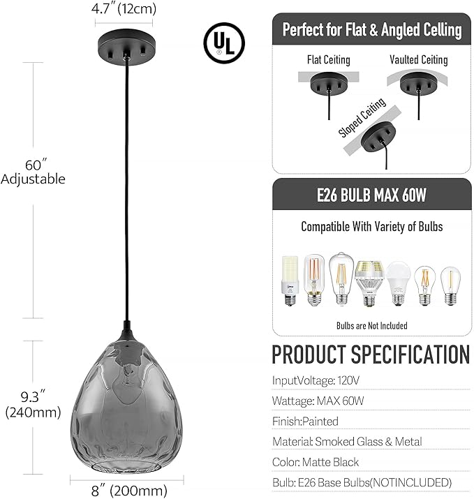 Smoked Hammered Glass Pendant Light with Matte Black Accent, Adjustable Hanging Lamp for Kitchen, Dining Room, and Living Room