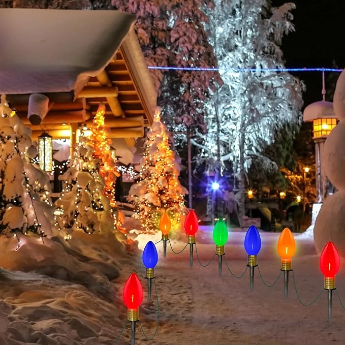 2 Pack C9 Christmas Pathway Stake Lights, 14Ft Total Outdoor Christmas Decorations with 8 Jumbo Multicolor LED Bulbs, Energy Saving Walkway Lights for Lawn Yard Garden Driveway Sidewalk Holiday Decor