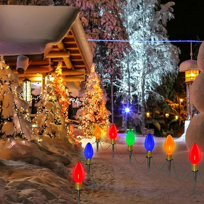 2 Pack C9 Christmas Pathway Stake Lights, 14Ft Total Outdoor Christmas Decorations with 8 Jumbo Multicolor LED Bulbs, Energy Saving Walkway Lights for Lawn Yard Garden Driveway Sidewalk Holiday Decor