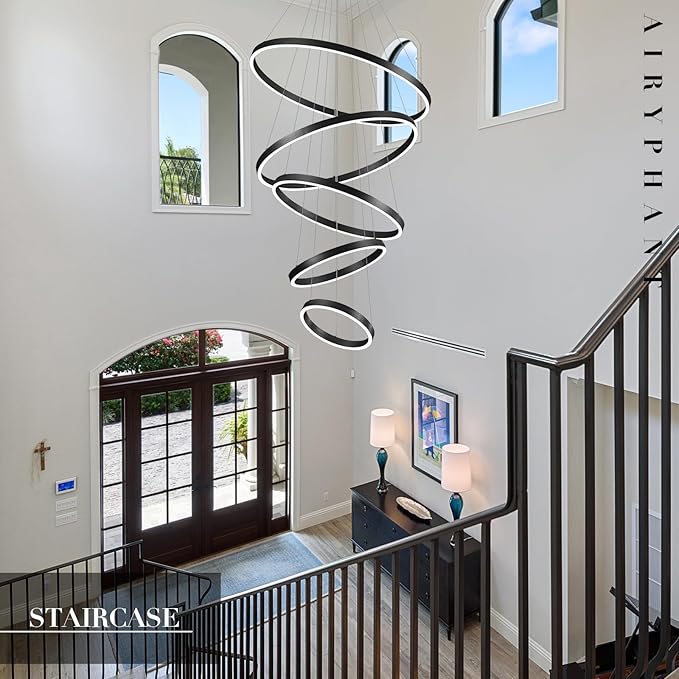 5-Ring Chandelier Black Modern LED Chandeliers High Ceiling 31" Large Foyer Chandelier Entryway Dimmable Pendant Light Fixture for Living Room Staircase, 3000K-6500K