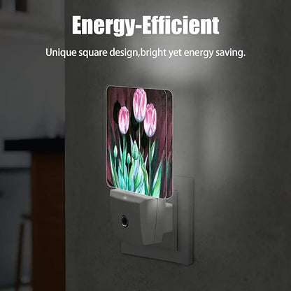 Pink Tulips on Dark Night Light, Dusk to Dawn Smart Sensor Nightlight for Bedroom Bathroom Kitchen Hallway Stairs Hallway, Plug-in, Energy Efficient Decor Desk Lamp Gifts