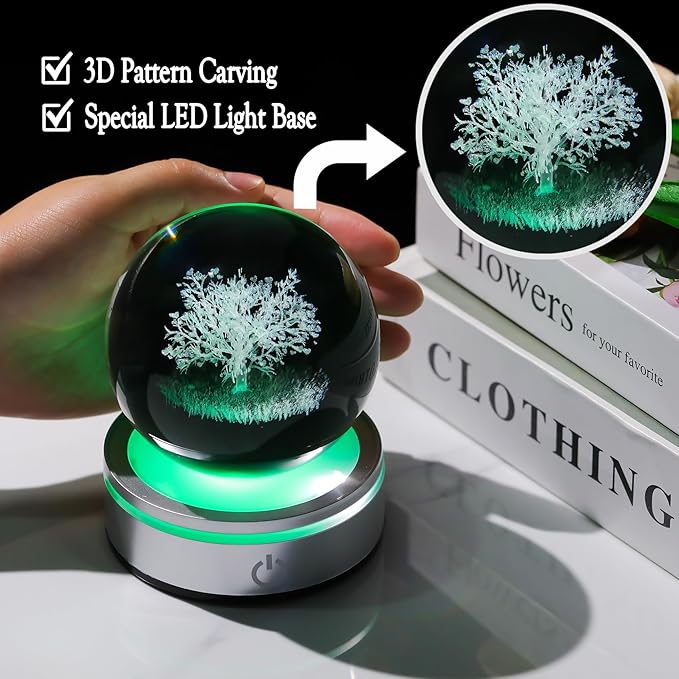 Arikyrist Crystal 3D Tree of Life 3.15in Ball Figurine Gifts for Her, Glass Plant Art Sphere for Room with LED Light Base for Men, Collectible Keepsake for Tree Lovers Home Decor Paperweight