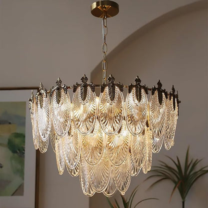 KELUOLY Antique Chandelier 3-Tier Glass Crystal Chandeliers, 9-Lights Gold Round Pendant Light 23.6" Brushed Brass Adjustable Height, Applicable to Dining Room, Bedroom, Living Room, Foyer, Kitchen