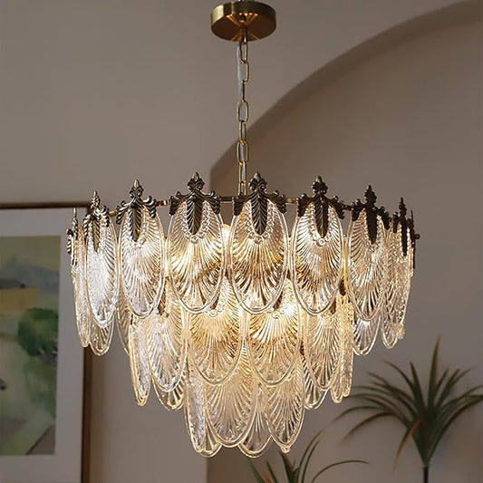 KELUOLY Antique Chandelier 3-Tier Glass Crystal Chandeliers, 9-Lights Gold Round Pendant Light 23.6" Brushed Brass Adjustable Height, Applicable to Dining Room, Bedroom, Living Room, Foyer, Kitchen
