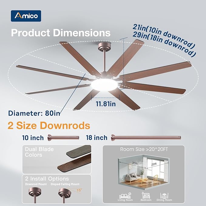 Amico 80 inch Ceiling Fans with Lights,Large Ceiling Fan with Light and Remote Control, Dimmable, 6 Speed Reversible Quiet DC Motor, Brown Modern Ceiling fan For Living Room, Bedroom, Kitchen, Patio