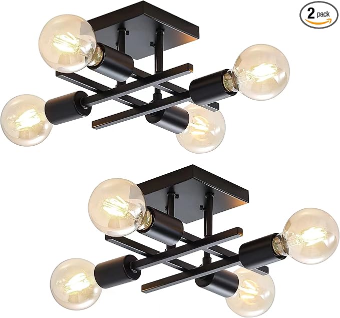 Industrial 4-Light Semi Flush Mount Ceiling Light Fixtures, Farmhouse Black Chandelier Lighting, Modern E26 Base Sputnik Ceiling Lamps for Bedroom Living Room Hallway Entryway, 2 Pack