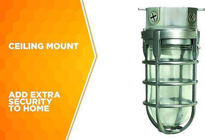 Woods L1706BS Vandal Resistant 150W Incandescent Security Light; Ceiling Mount; Compatible With Up To 50 Watt Standard Base Bulbs; Brushed Steel