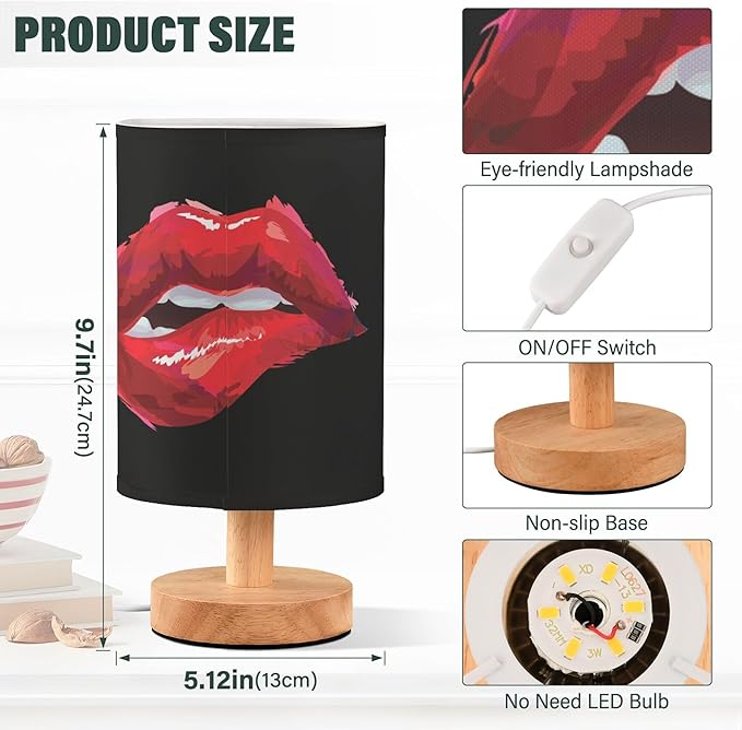 Sexy Biting Lips Woman Red Lip on Black Table Lamp with Wood Base Fabric Lamp Shade Bedside Nightstand Desk Lamp for Living Room Bedroom Kids Room Office