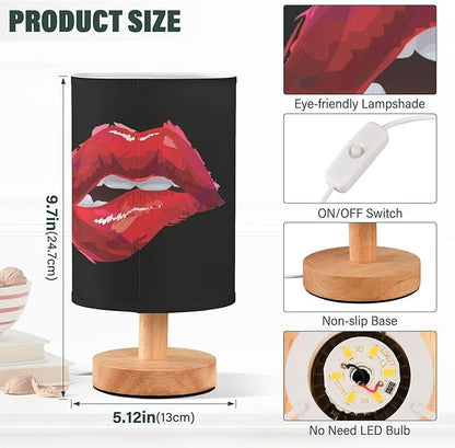 Sexy Biting Lips Woman Red Lip on Black Table Lamp with Wood Base Fabric Lamp Shade Bedside Nightstand Desk Lamp for Living Room Bedroom Kids Room Office