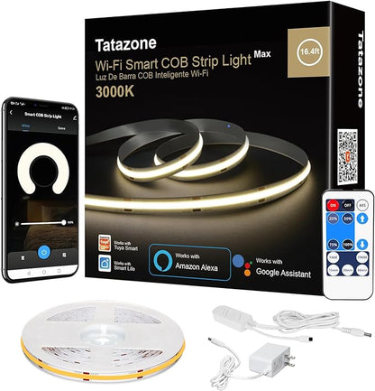 Tatazone Smart White COB Led Strip Light with App and Remote, 16.4ft 3000K Bright Warm White WiFi COB Light Strip Compatible with Alexa Google, Dimmable Indoor Led Lights for Mirror, Cabinet, Kitchen