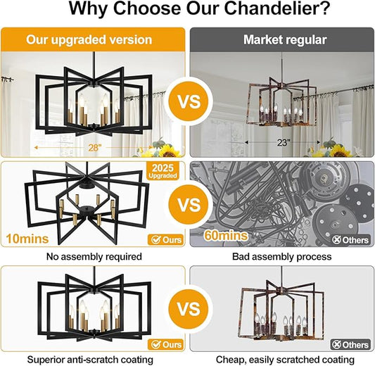 28" Modern Black and Gold No Assembly Required Chandelier for Dining Room, Black and Gold Dining Room Light Fixture Over Table, Industrial Metal Hanging Pendant Light for Kitchen Island, Entryway