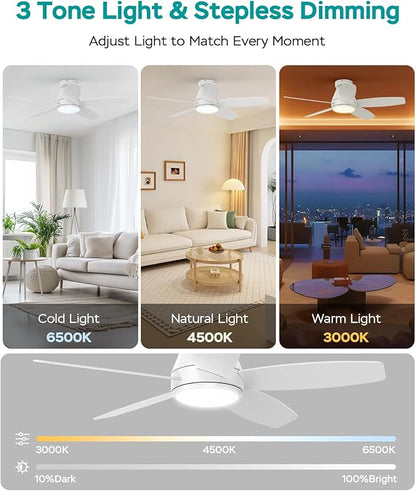 42 Inch Ceiling Fans with Lights, Quiet Reversible Fan with Remote & APP Control, 6-Speed, 3 Color Temperatures Dimmable LED, DC Motor, Low Profile Ceiling Fan for Bedroom Living Room, White