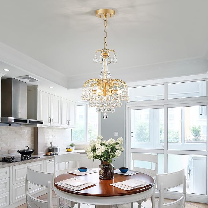 WUZUPS Crystal Chandelier Pendant Flushmount Ceiling Light Modern Lighting Fixture for Bedroom Hallway Bar Kitchen Bathroom, H 14.4" x W 11.8", Gold, E12 Base
