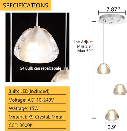 Modern Chandelier Crystal Pendant Light for Kitchen Island Dining Room Bedroom Hallway Silver