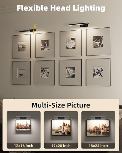 EZVALO Picture Light for Wall, 16'' Black Rechargeable 4800mAh Battery Lights Wireless Remote, Dimmable Magnetic LED Art Painting Light with 3 Color Temperatures, Display for Gallery, Living Room(2P)